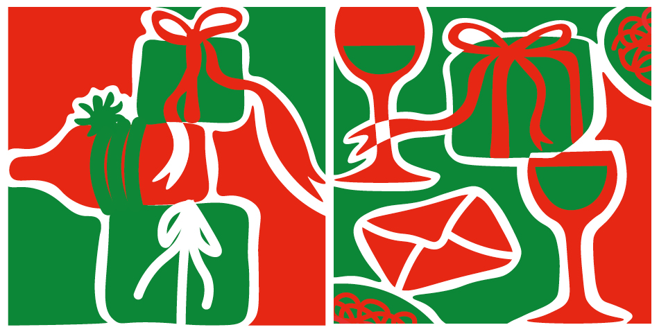 julklappar i rött och grönt i teckning stillistisk