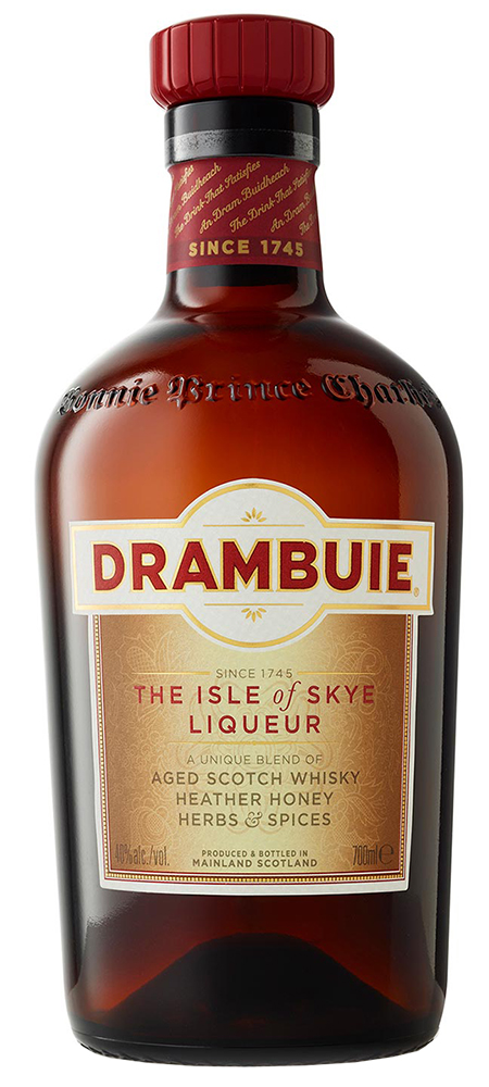 En brunfärgad flaska med den skotska ört- och honungslikören Drambuie.