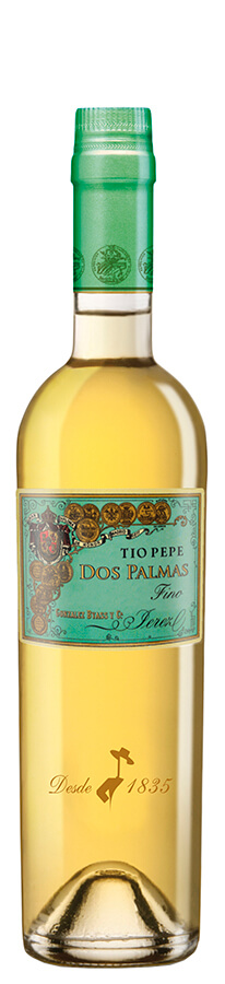 en flaska sherry tio pepe dos palmas med turkos etikett