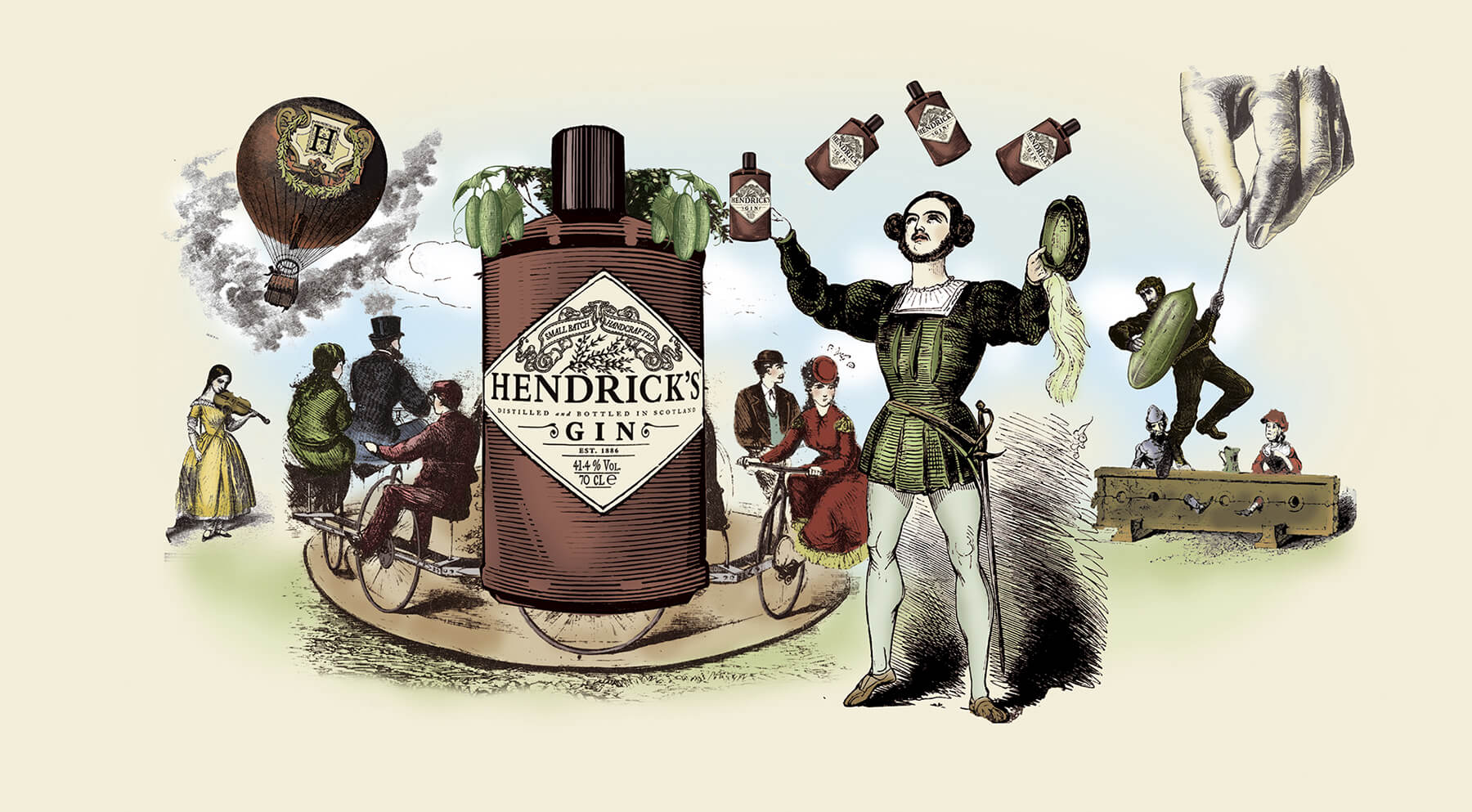 Illustration i färgerna brunt, grönt och beige av en flaska Hendrick's Gin, en jonglör som jonglerar med fyra ginflaskor och gammaldags-klädda människor som cyklar och spelar fiol. I periferin syns en luftballong och gurkor skymtas