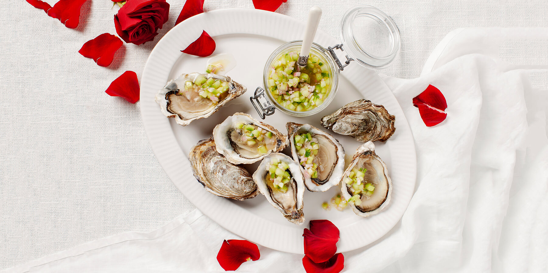 Förrätt - Ostron med gurka-, chili- och ginvinägrett