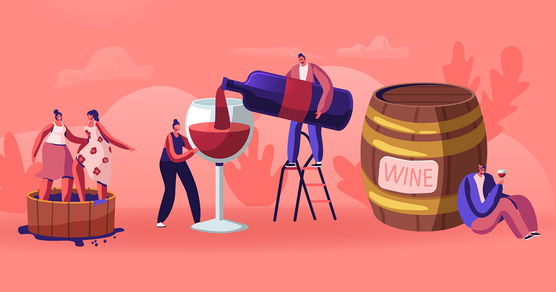 tecknad bild på rödvin med människor