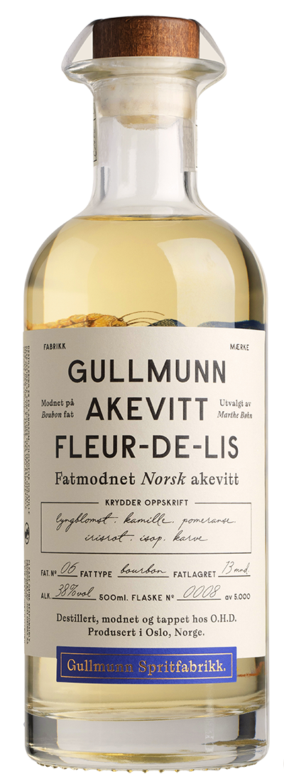 Gullmun Fleur-de-Lis akvavit snaps flaska