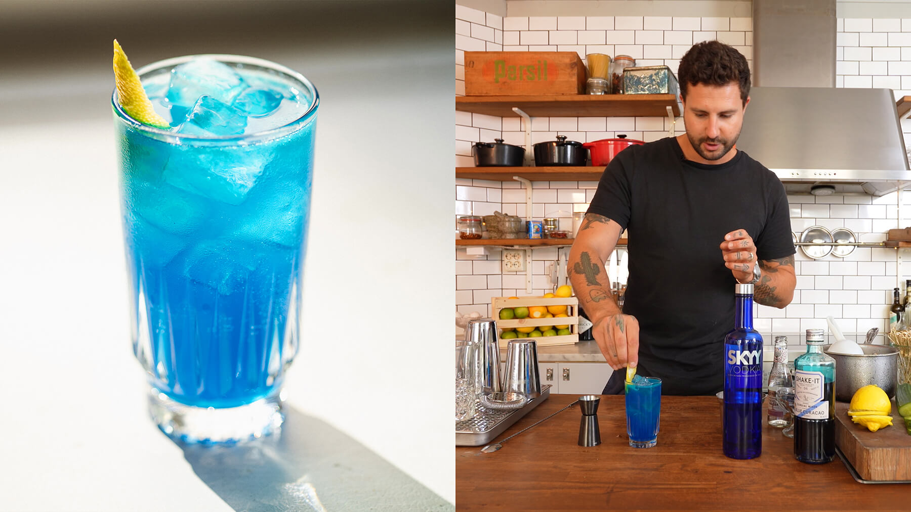 en bartender som blandar en drink. En blå drink