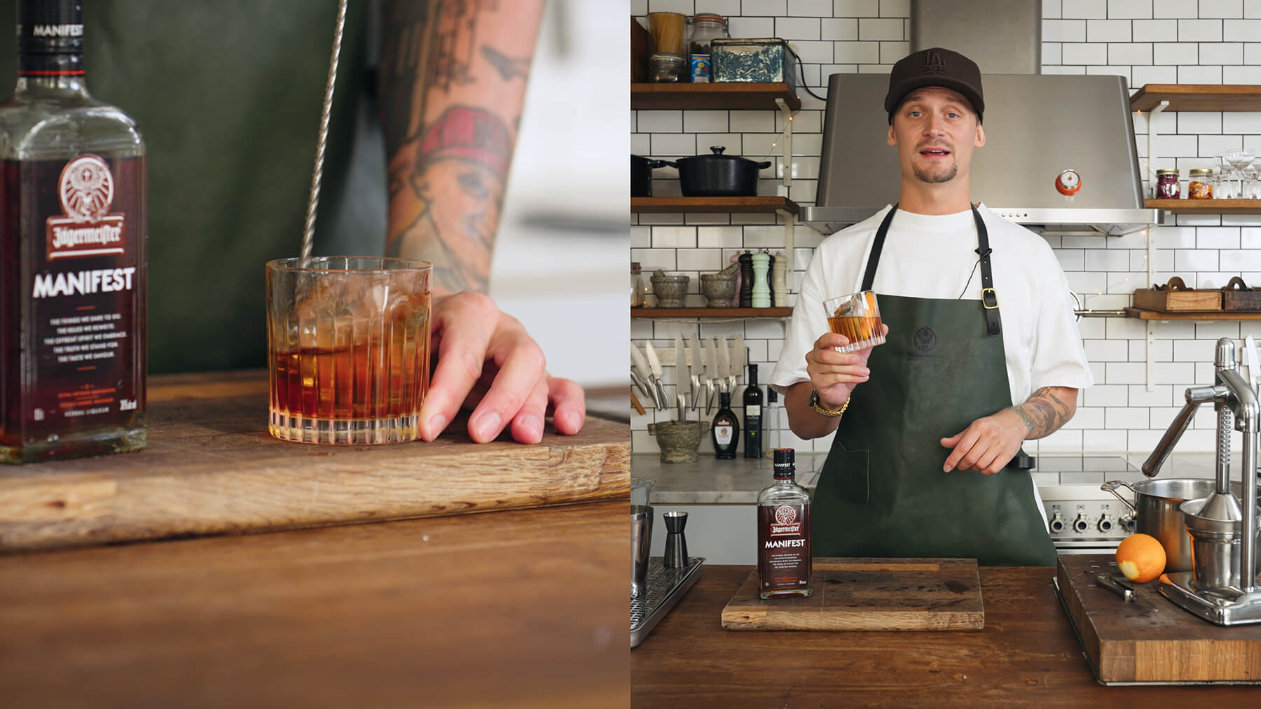 fredrik med en drink manifest. allt i ett kök