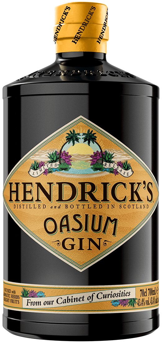 en flaska hendricks gin med gul etikett som heter oasium