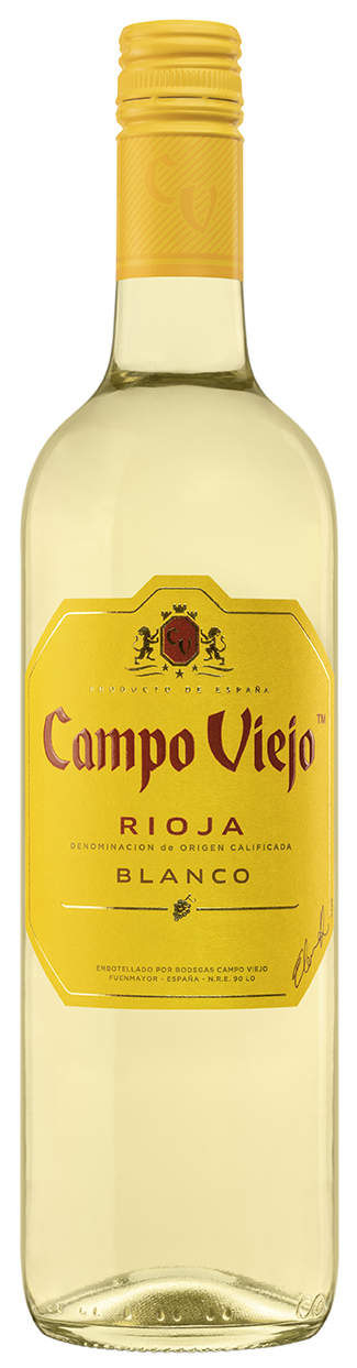 en flaska vitt vin med gul etikett campo viejo